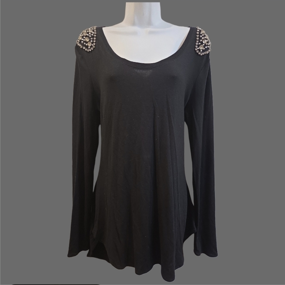 Nanette Lepore Black Long Sleeve Top Mini Dress with Studded Shoulders Xl EUC